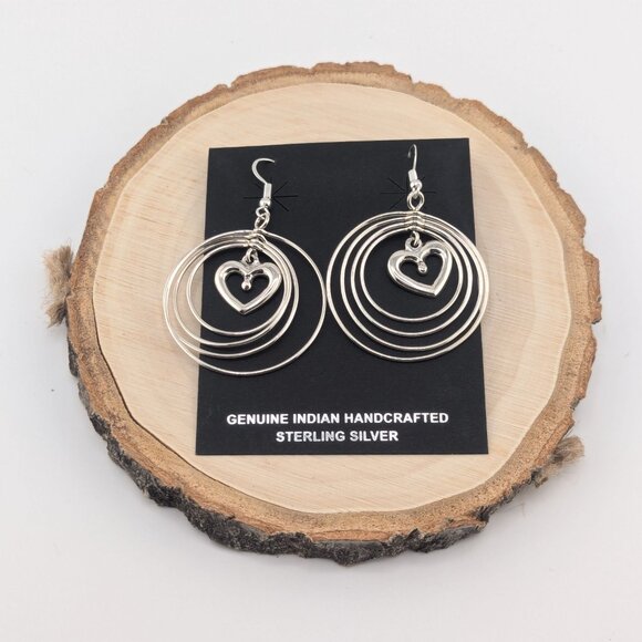 Handmade Navajo Heart Dangle Earrings Sterling Silver Native American Jewelry ** - Picture 1 of 11